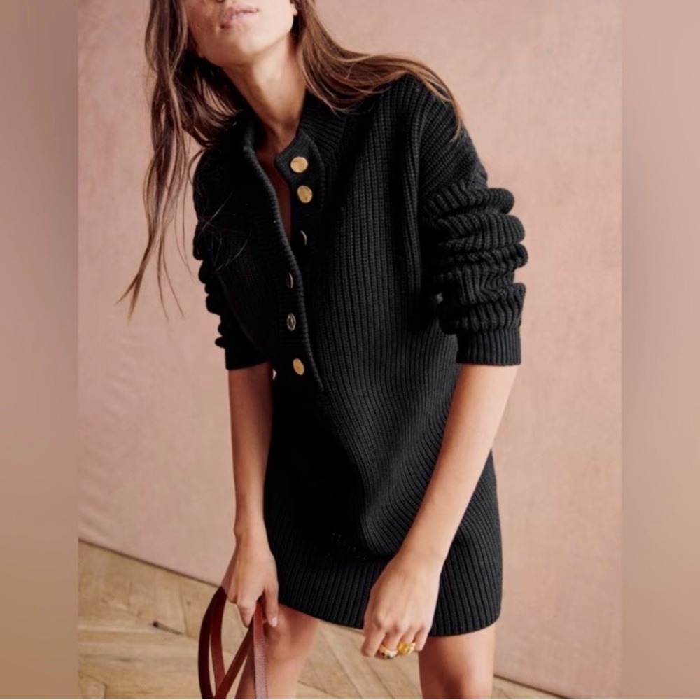 Sezane Black Long Sleeve Dress with Gold Buttons S1 - Picture 2 of 16